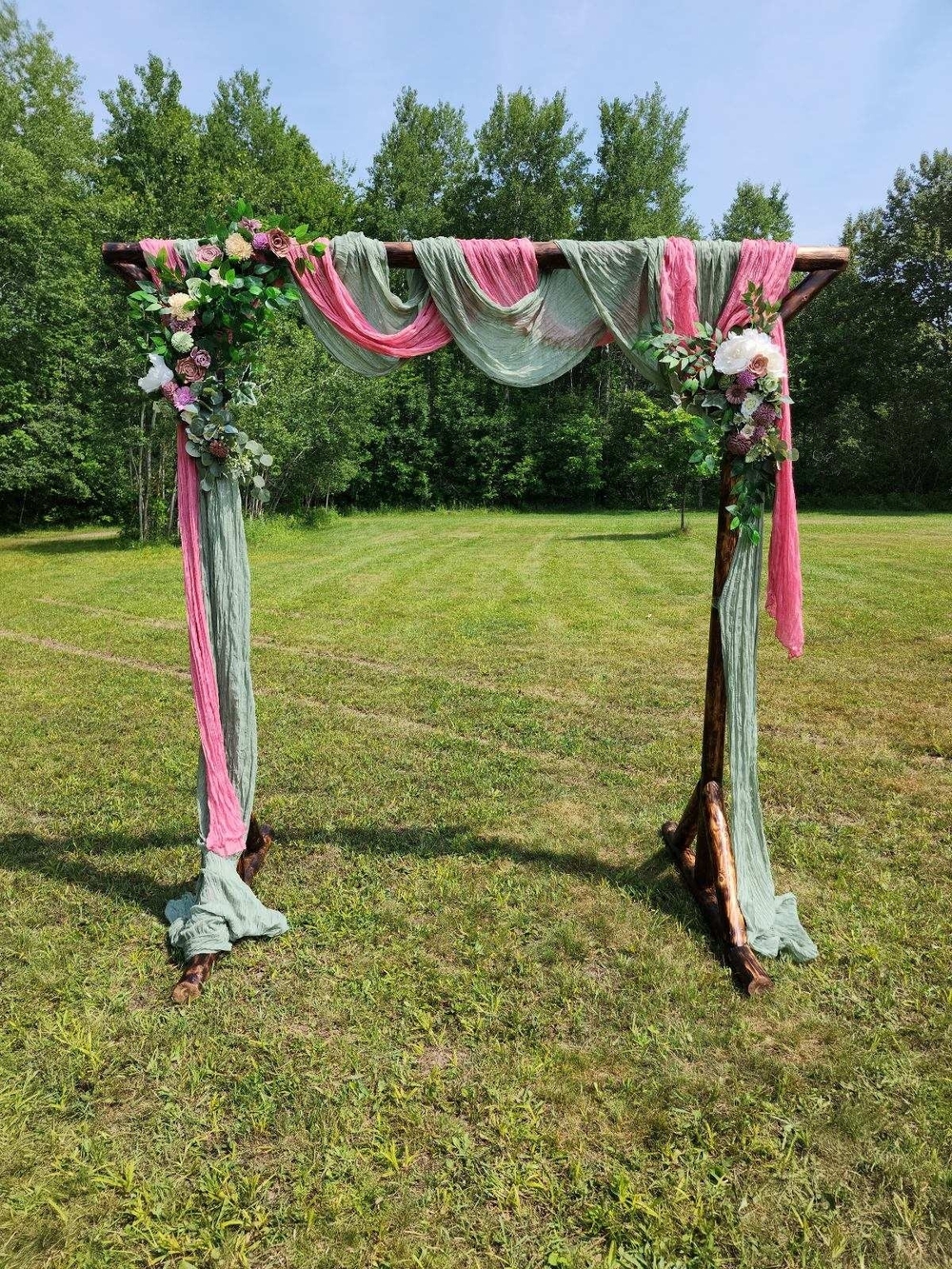 Rustic Wedding Arch Draped in Pink and Sage Green With 2 Corner Flower Swags